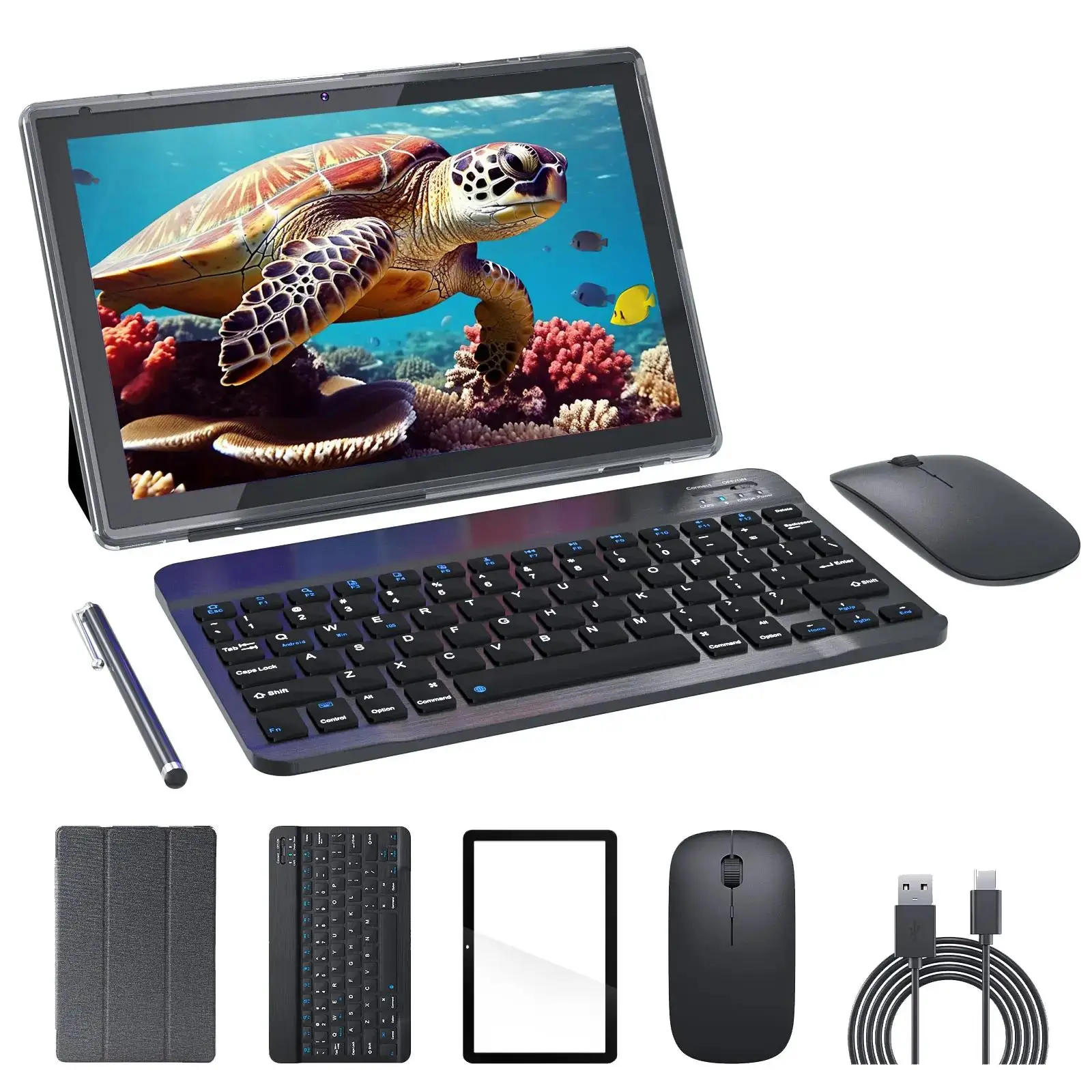 10.1 Inch Tablet Android with Keyboard, Wireless 2 in 1 Tablet PC Gadgets, Quad-Core 2.0G Tablet with Mouse & Charging Cable, Multifunctional Tablet D