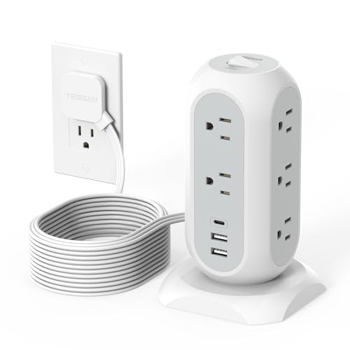 15 ft Extension Cord Tower Power Strip, 11 Outlets 3 USB(1 USB-C) Chargers, TESSAN Surge Protector with Multi Plug Outlet, 1050J Protection, Office Su