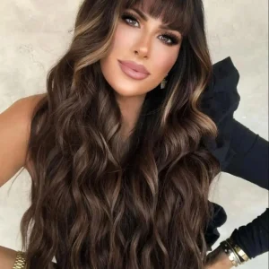 26 Inch Long Wavy Wigs for Women, Gorgeous Fluffy Wigs with Blunt Bangs, Synthetic Full Machine Wigs for Party, Daily Use