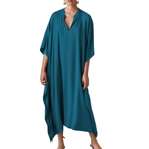 Bsubseach Women Kaftan Dresses Caftan Loungewear Maxi Dress Swimsuit Cover Up Beachwear B-peacock Blue