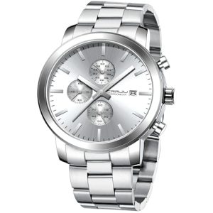CRRJU Mens Stylish Casual Quartz Watches for Men Luxury Waterproof Calendar Chronograph Japan Movement Wristwatches S silver white
