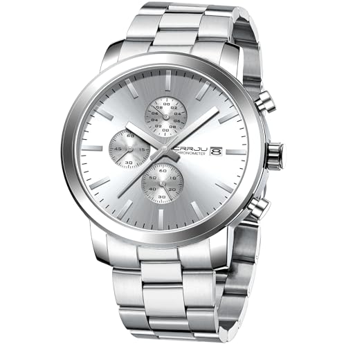 CRRJU Mens Stylish Casual Quartz Watches for Men Luxury Waterproof Calendar Chronograph Japan Movement Wristwatches S silver white