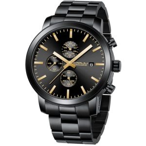 CRRJU Mens Stylish Casual Quartz Watches for Men Luxury Waterproof Calendar Chronograph Japan Movement Wristwatches S black gold