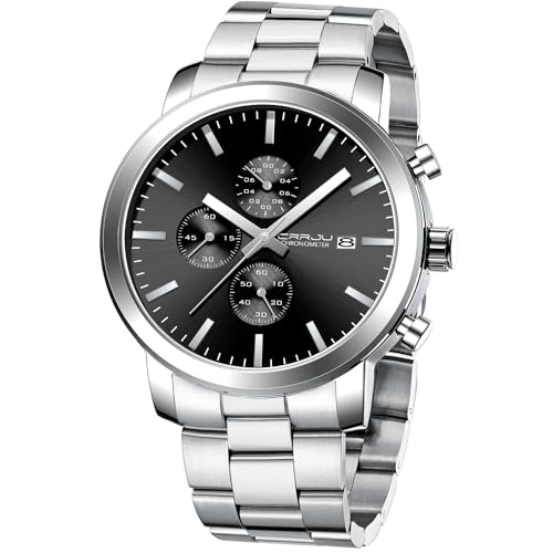 CRRJU Mens Stylish Casual Quartz Watches for Men Luxury Waterproof Calendar Chronograph Japan Movement Wristwatches S silver black