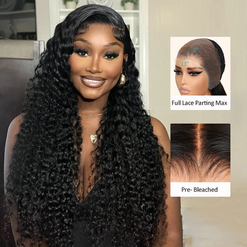 Deep Wave 13x6 Full Transparent Lace Frontal Wig Natural Black Color