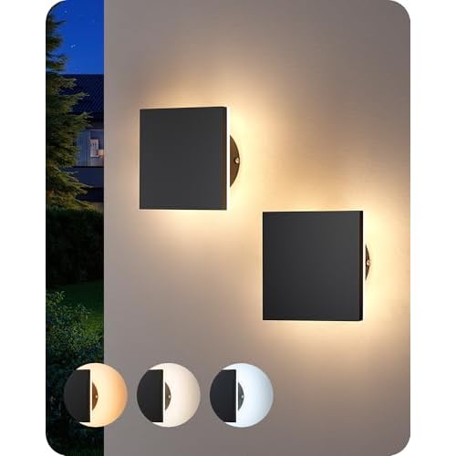 EDISHINE 2 Pack LED Wall Lights Outdoor Indoor, 3000K-5000K Dimmable Wall Sconce, 360° Backlit Square Modern Exterior Lighting Fixtures, IP65 Waterpr