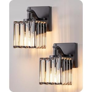 EDISHINE Hardwired Bathroom Light Fixtures, Modern Wall Sconces Set of Two, Crystal Bathroom Vanity Llight, Indoor Lighting Fixtures Over Mirror, Blac