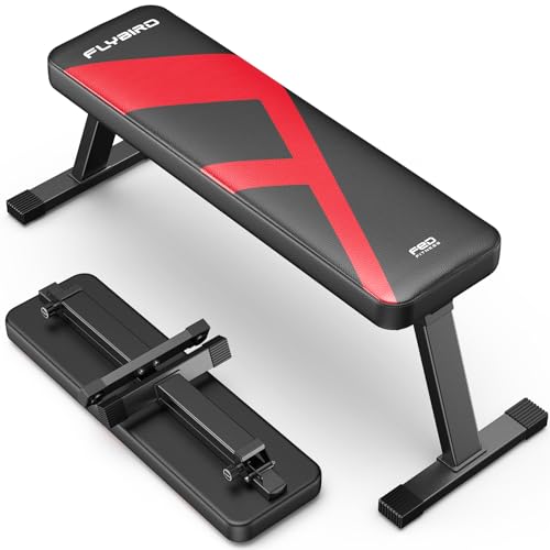 FLYBIRD Flat Bench, Foldable Flat Weight Bench Easy Assembly for Strength Training Bench Press, 600/1000 LBS 2 Versions A-Red