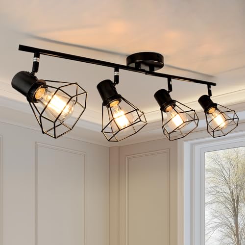 LTBLIGHT 4-Light Track Lighting Fixtures Ceiling, Adjustable Track Lighting Kit, Black Farmhouse Ceiling Light with E26 Base, Directional Spotlights f