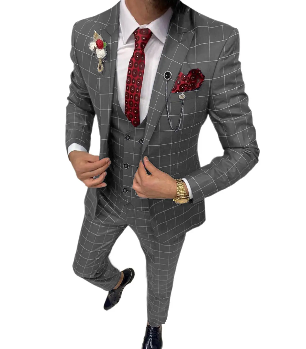 Men's Plaid Wedding Tuxedo Slim Fit Suit - Double Breasted Three-Piece Set with Vest for Business, Casual, and Formal Events | Groom & Party Attire