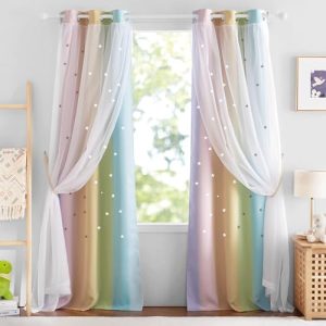 NICETOWN Rainbow Curtains for Girls Bedroom 2 Panels, Star Curtains for Kids Double Layer Blackout Curtains, Ombre Curtains with Sheer for Living Room