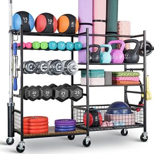 PLKOW Dumbbell Rack, Weight Rack for Dumbbells, Home Gym Storage for Dumbbells Kettlebells Yoga Mat and Balls, All in One Workout Storage with Wheels