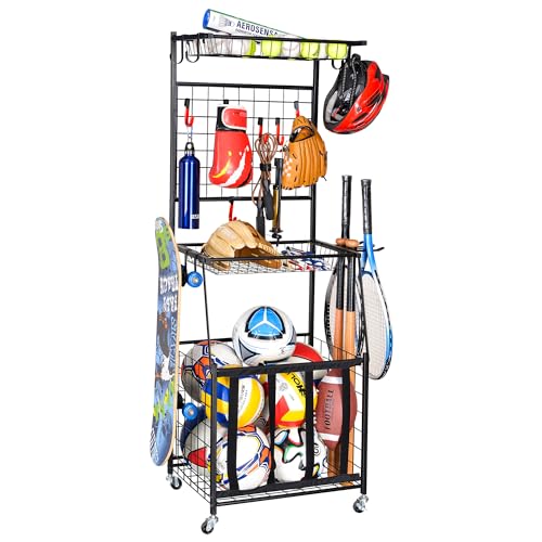 PLKOW Sports Equipment Storage for Garage, Indoor/Outdoor Sports Rack for Garage, Ball Storage Garage Organizer with Basket and Hooks,Toy/Sports Gear