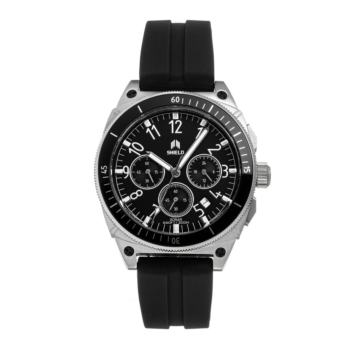 Shield™ Sonar Chronograph Strap Watches with Date - Black/Silver