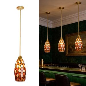 Tiffany Hanging Pendant Light,Brown Stained Glass Ceiling Light, Vintage fixtures, 5.15" Tiffany Chandelier for Dining Room Living Room Foyer Kitchen