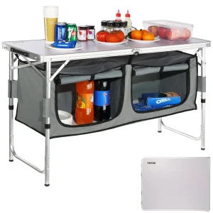 VEVOR Camping Kitchen Table, Quick set-up Folding Camping Table, 3 Adjustable Heights, MDF Camping Table, Ideal for Outdoor Picnics, BBQs, Camping, RV