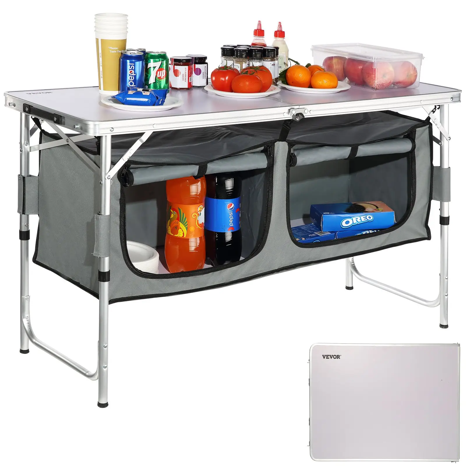 VEVOR Camping Kitchen Table, Quick set-up Folding Camping Table, 3 Adjustable Heights, MDF Camping Table, Ideal for Outdoor Picnics, BBQs, Camping, RV