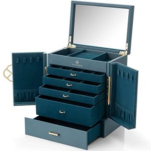 Vlando 6 Layer Jewellery Box, PU Leather Jewellery Organiser with Removable Jewellery Tray for Necklace Earrings Rings Bracelets, Jewellery Storage Di