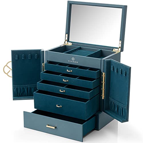 Vlando 6 Layer Jewellery Box, PU Leather Jewellery Organiser with Removable Jewellery Tray for Necklace Earrings Rings Bracelets, Jewellery Storage Di