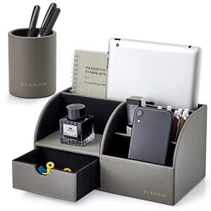 VLANDO Schreibtisch Organizer Leder mit Schublade, Organizer schreibtisch Edel, Stiftehalter Organizer, Büro Organizer für Tablet PC, Fernbedienungs