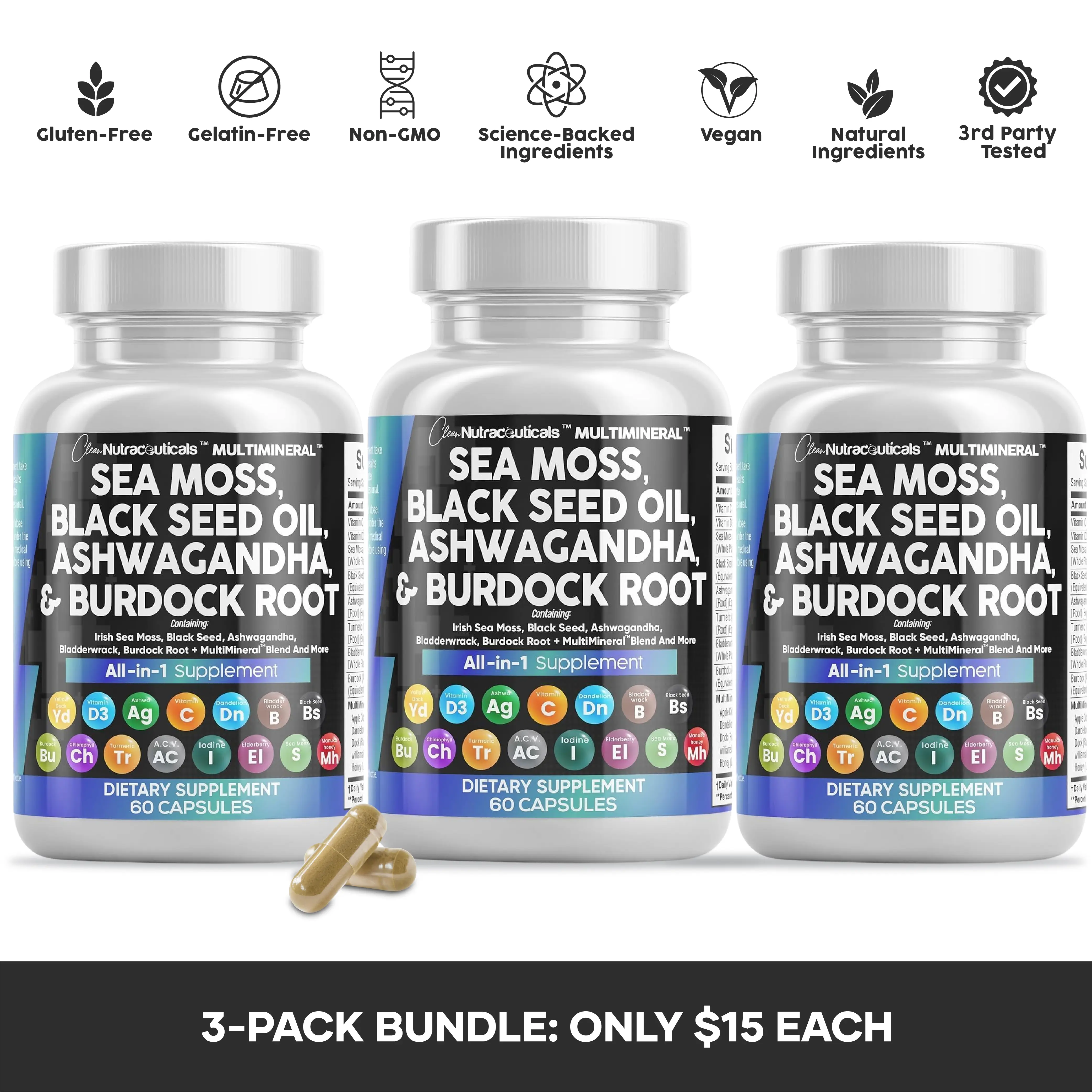 Clean Nutra 3-Pack MultiMineral Sea Moss and Adaptogen Capsules