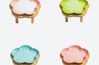 Flower-Shaped Ceramic Pet Feeding Bowl with Wooden Stand